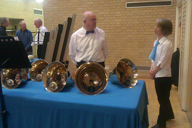 Picture of handbells and handbell ringers
